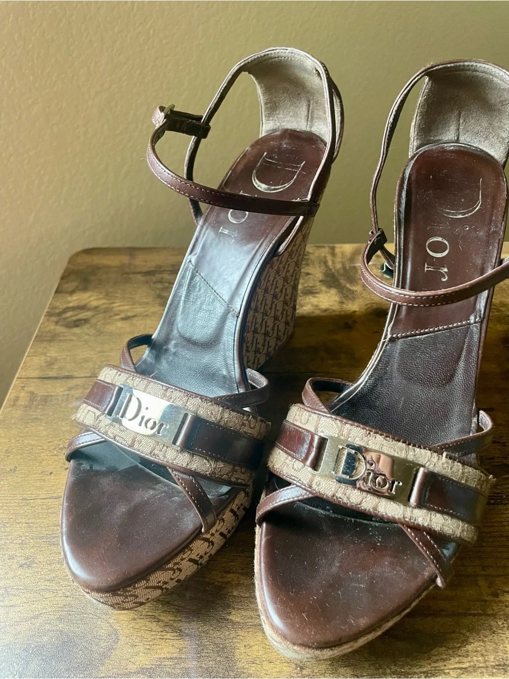 Vintage Dior Brown Monogram Canvas Wedge Sandals